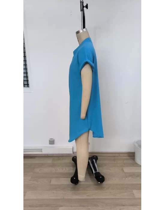 Kadın Kısa Kollu önden Düğmeli Ithal Keten Elbise