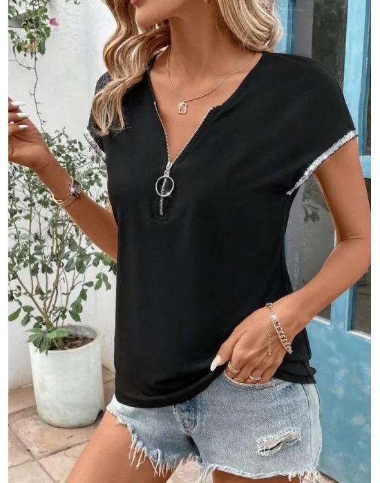 Kadın Kısa Kollu önden Fermuarlı Kol Ucu ışıltılı Viskon Bluz