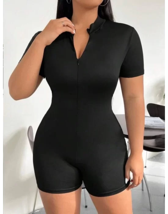 Kadın Kısa Kollu önü Fermuarlı Bodycon Dalgıç Tulum