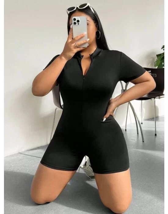 Kadın Kısa Kollu önü Fermuarlı Bodycon Dalgıç Tulum