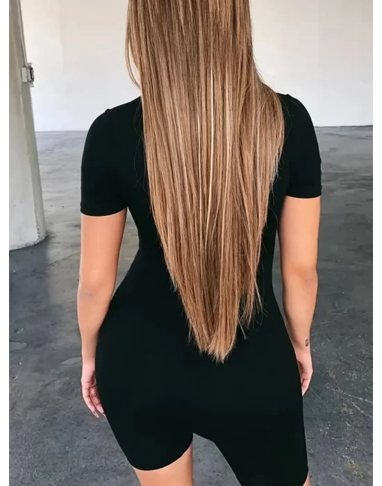 Kadın Kısa Kollu önü Fermuarlı Bodycon Dalgıç Tulum