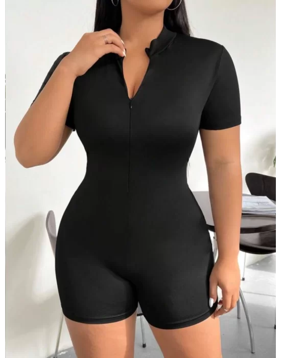 Kadın Kısa Kollu önü Fermuarlı Bodycon Dalgıç Tulum