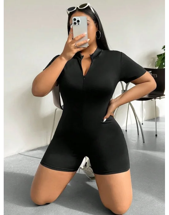 Kadın Kısa Kollu önü Fermuarlı Bodycon Dalgıç Tulum
