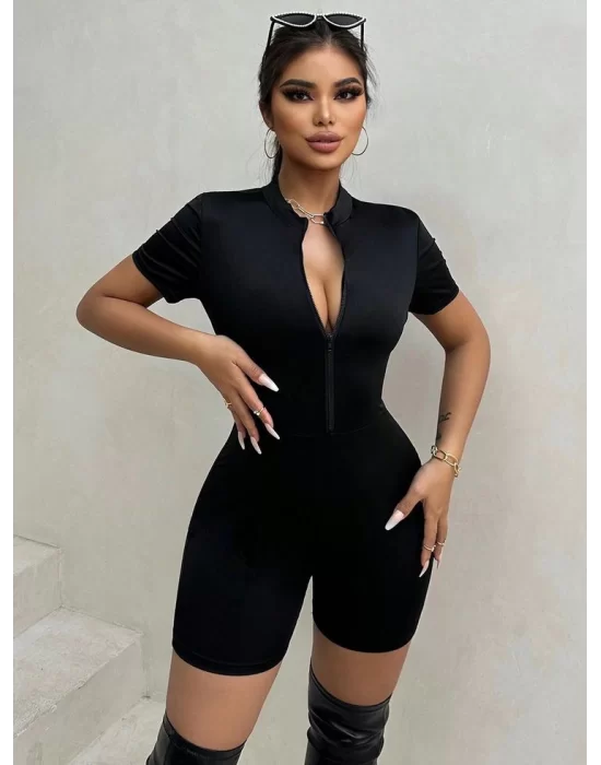 Kadın Kısa Kollu önü Fermuarlı Bodycon Dalgıç Tulum