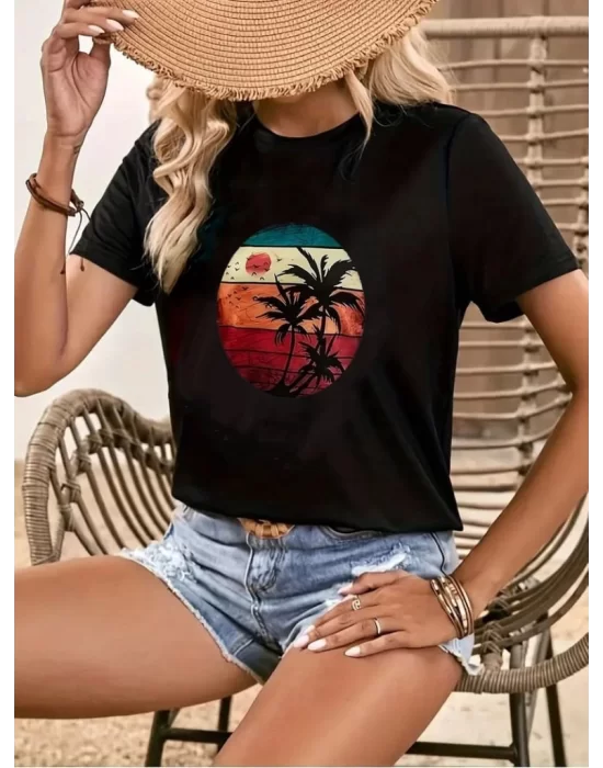 Kadın Kısa Kollu Palmiye Baskılı Viskon T-shirt