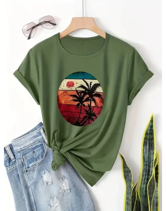 Kadın Kısa Kollu Palmiye Baskılı Viskon T-shirt