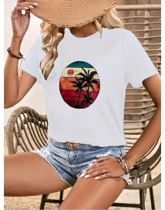 Kadın Kısa Kollu Palmiye Baskılı Viskon T-shirt