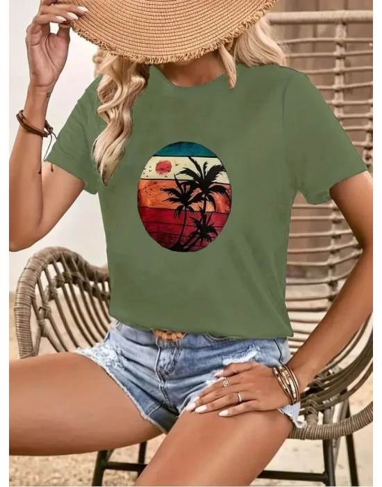 Kadın Kısa Kollu Palmiye Baskılı Viskon T-shirt