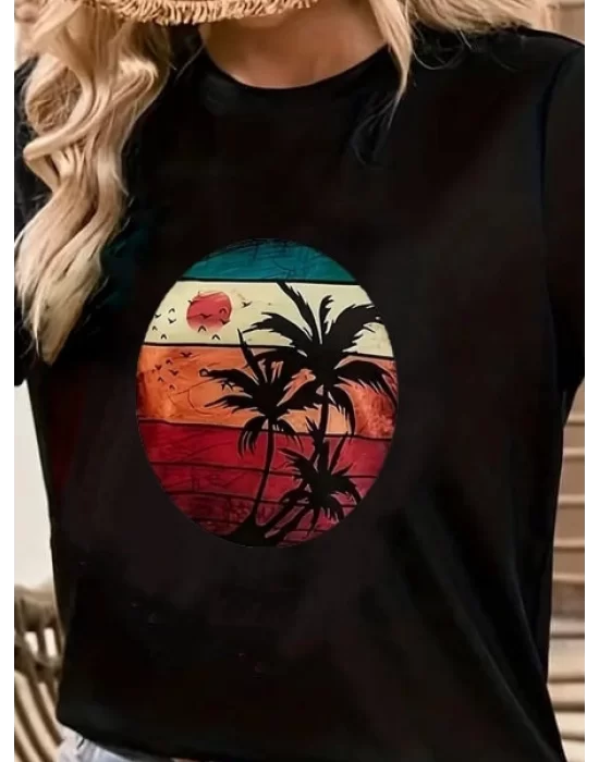 Kadın Kısa Kollu Palmiye Baskılı Viskon T-shirt