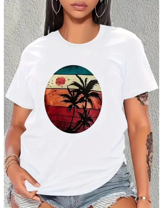 Kadın Kısa Kollu Palmiye Baskılı Viskon T-shirt