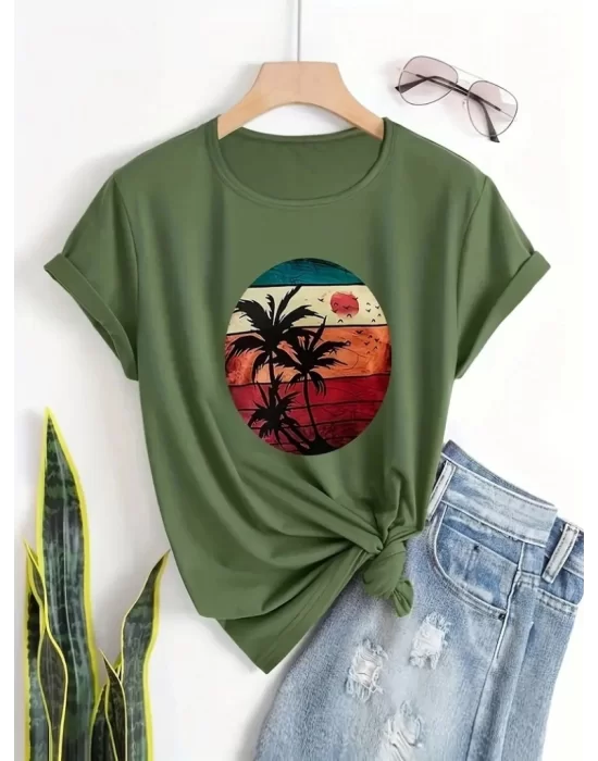 Kadın Kısa Kollu Palmiye Baskılı Viskon T-shirt