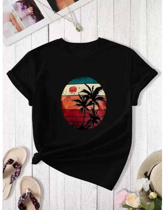 Kadın Kısa Kollu Palmiye Baskılı Viskon T-shirt