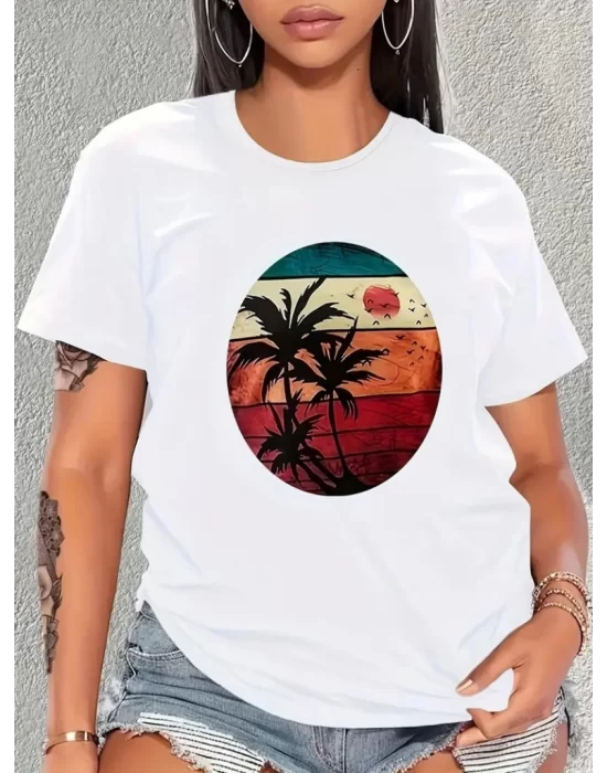 Kadın Kısa Kollu Palmiye Baskılı Viskon T-shirt