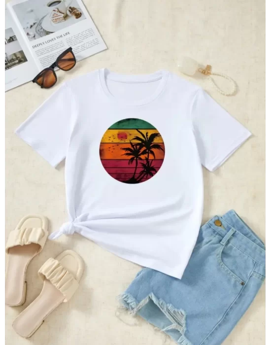 Kadın Kısa Kollu Palmiye Baskılı Viskon T-shirt