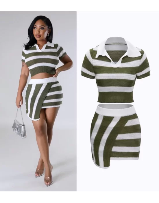 Kadın Kısa Kollu Polo Yaka Crop Asimetrik Mini Triko Etek Ikili Takım