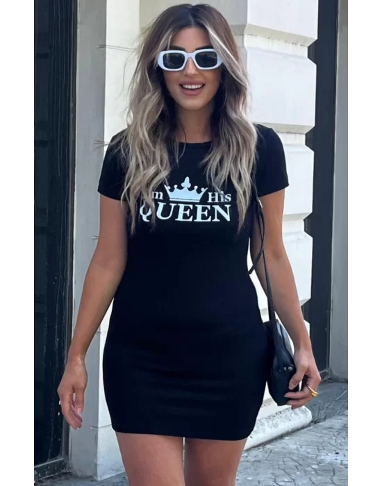 Kadın Kısa Kollu Queen Baskı Iki Iplik Mini Elbise