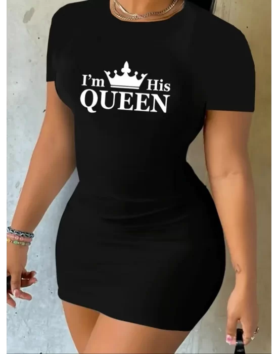 Kadın Kısa Kollu Queen Baskı Iki Iplik Mini Elbise