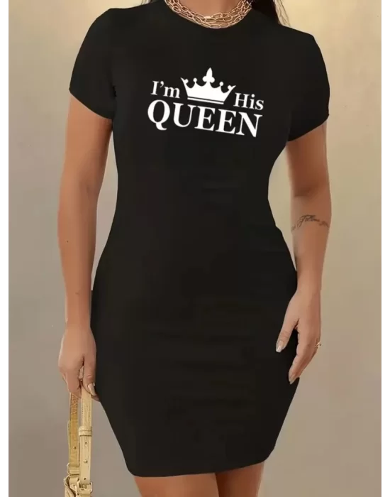 Kadın Kısa Kollu Queen Baskı Iki Iplik Mini Elbise