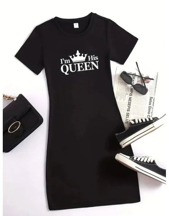 Kadın Kısa Kollu Queen Baskı Iki Iplik Mini Elbise