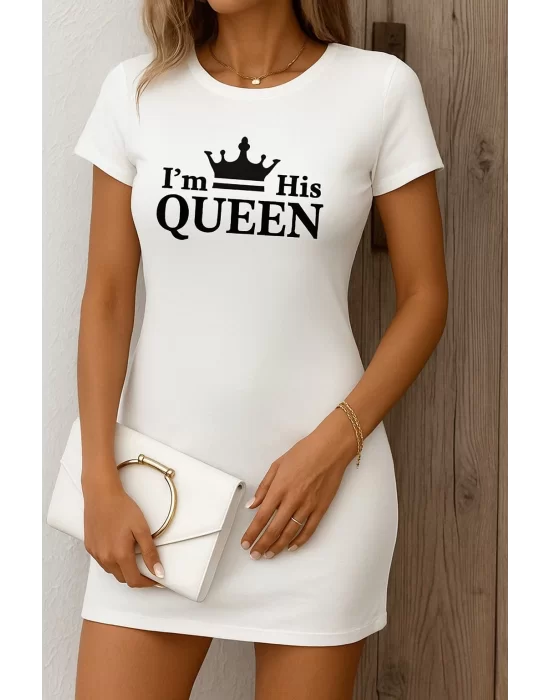 Kadın Kısa Kollu Queen Baskı Iki Iplik Mini Elbise