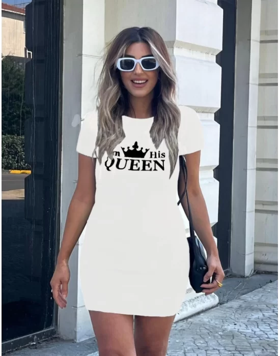 Kadın Kısa Kollu Queen Baskı Iki Iplik Mini Elbise