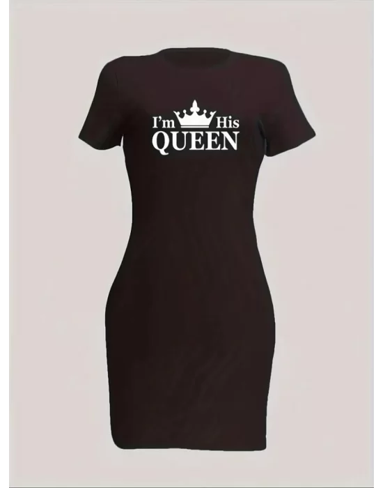 Kadın Kısa Kollu Queen Baskı Iki Iplik Mini Elbise
