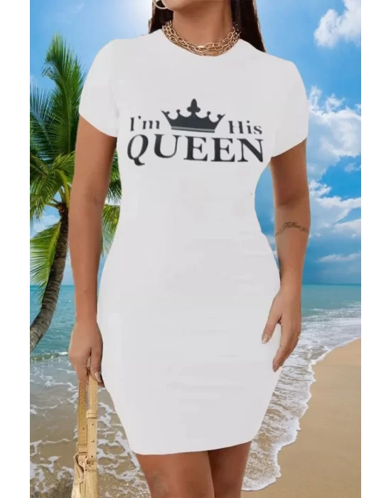 Kadın Kısa Kollu Queen Baskı Iki Iplik Mini Elbise