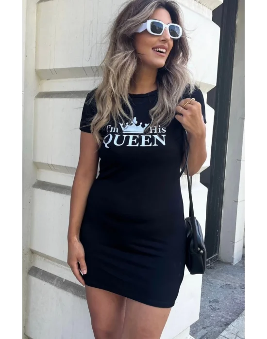 Kadın Kısa Kollu Queen Baskı Iki Iplik Mini Elbise