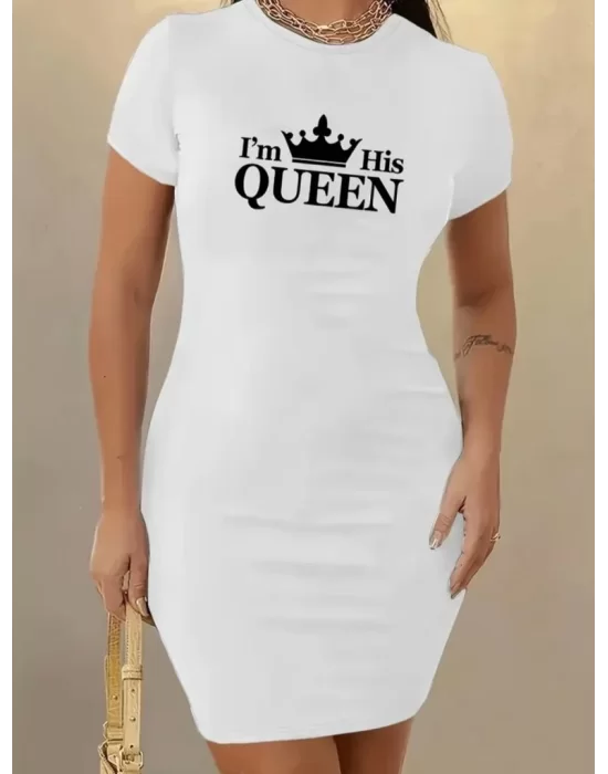 Kadın Kısa Kollu Queen Baskı Iki Iplik Mini Elbise