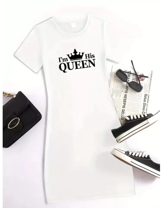 Kadın Kısa Kollu Queen Baskı Iki Iplik Mini Elbise