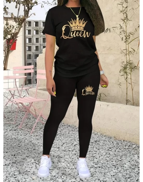 Kadın Kısa Kollu Queen Baskı Viskon Ikili Takım