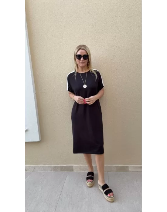 Kadın Kısa Kollu şerit Detay Midi Boy Elbise