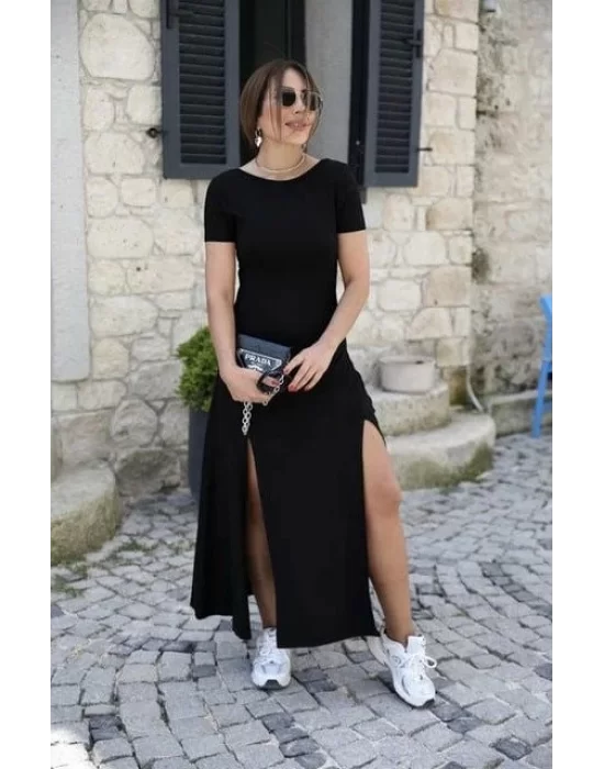 Kadın Kısa Kollu Sırt Dekolte Detay önü çift Yırtmaçlı Viskon Elbise