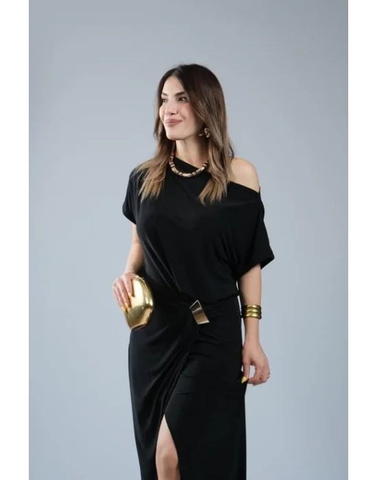 Kadın Kısa Kollu Tek Omuzdan Açık Beli Lastikli Sandy Maxi Elbise