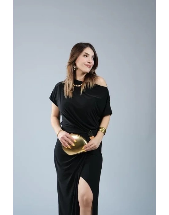 Kadın Kısa Kollu Tek Omuzdan Açık Beli Lastikli Sandy Maxi Elbise