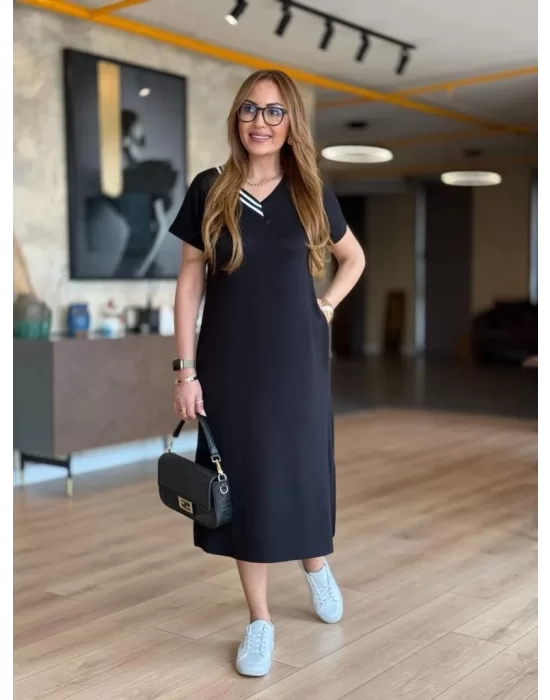 Kadın Kısa Kollu V Ribana Yakalı Yırtmaçlı Midi Viskon Iki Iplik Elbise
