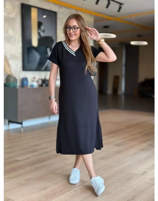 Kadın Kısa Kollu V Ribana Yakalı Yırtmaçlı Midi Viskon Iki Iplik Elbise