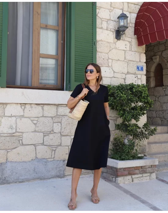 Kadın Kısa Kollu V Yaka Cepli Viskon Elbise