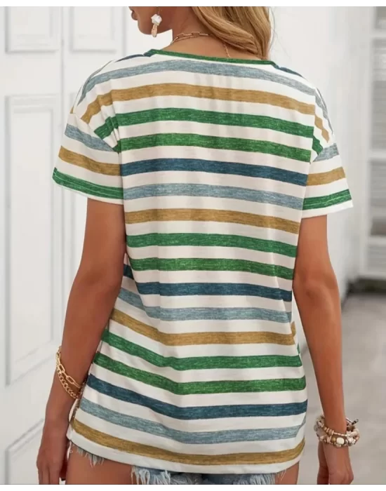Kadın Kısa Kollu V Yaka çizgili Süprem T-shirt