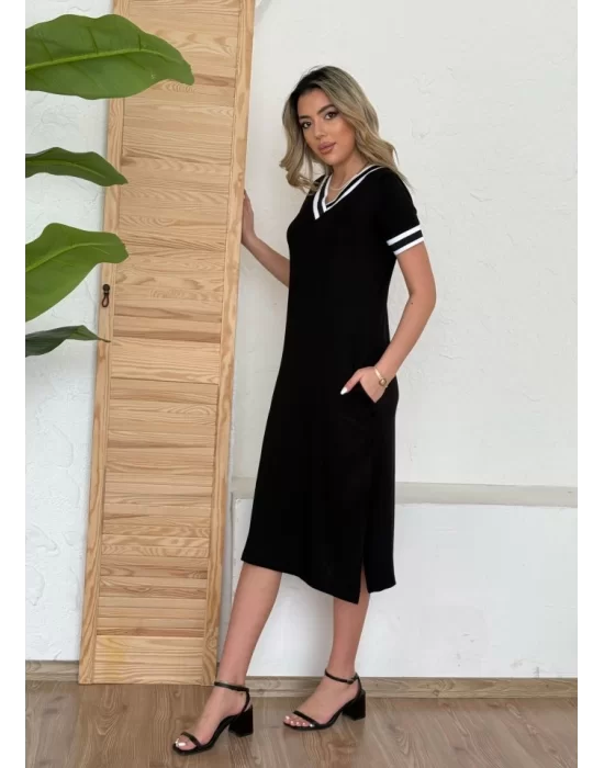 Kadın Kısa Kollu V Yaka Kol Ve Yaka Ribana Detay Midi Boy Viskon Elbise
