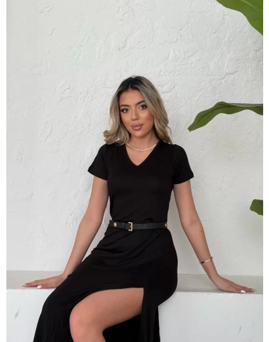 Kadın Kısa Kollu V Yaka Maxi Boy Elbise 124 Cm