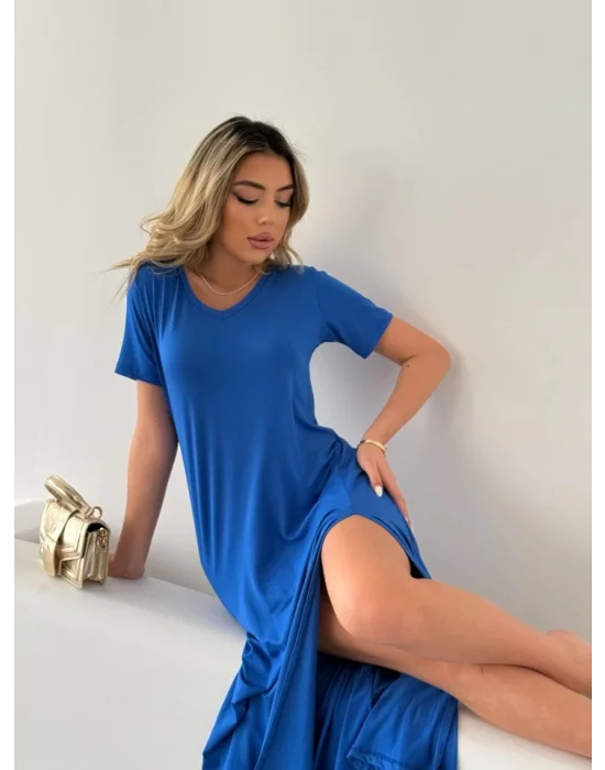 Kadın Kısa Kollu V Yaka Maxi Boy Elbise 124 Cm