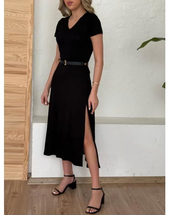 Kadın Kısa Kollu V Yaka Maxi Boy Elbise 124 Cm