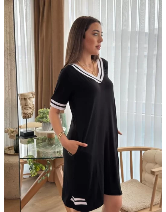 Kadın Kısa Kollu V Yaka Ribana Detaylı Cepli Dizüstü Viskon Elbise