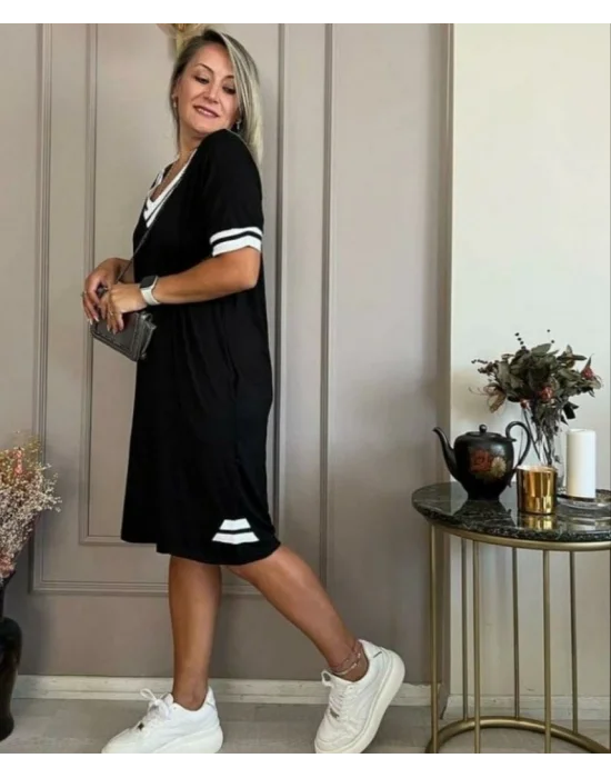 Kadın Kısa Kollu V Yaka Ribana Detaylı Cepli Dizüstü Viskon Elbise