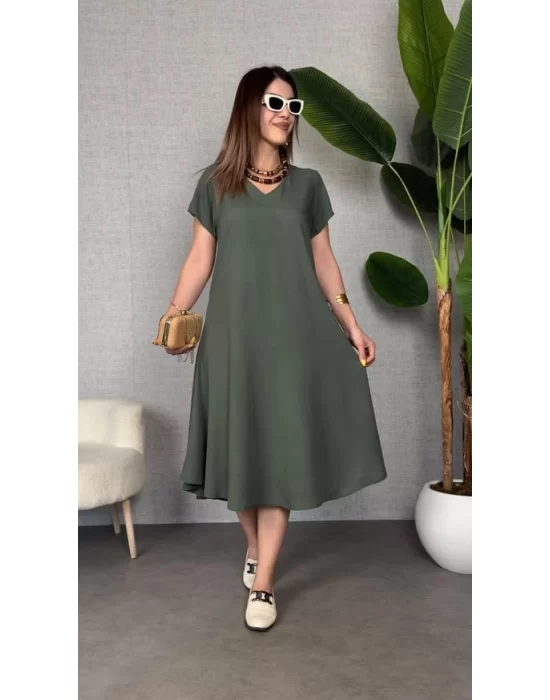 Kadın Kısa Kollu V Yaka Salaş Maxi Boy Elbise