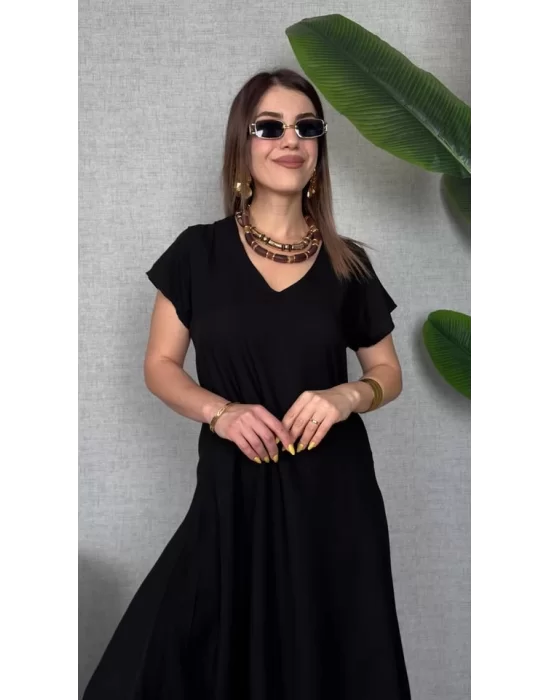 Kadın Kısa Kollu V Yaka Salaş Maxi Boy Elbise