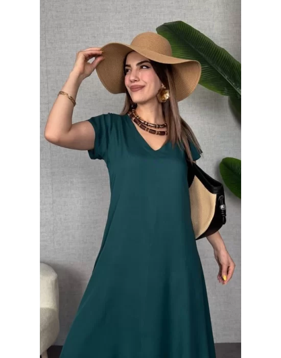 Kadın Kısa Kollu V Yaka Salaş Maxi Boy Elbise