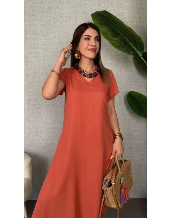 Kadın Kısa Kollu V Yaka Salaş Maxi Boy Elbise