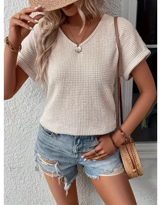 Kadın Kısa Kollu V Yaka Sırt Düğme Detay Triko Bluz